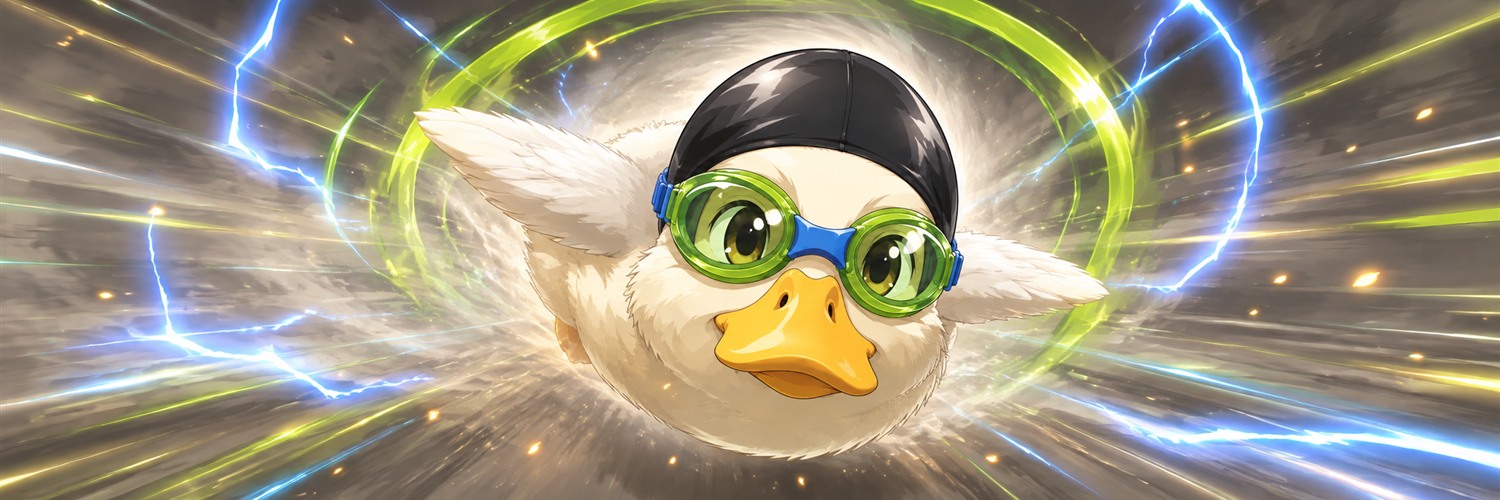 NAS ANIME duck flying through lime and blue energy rings
