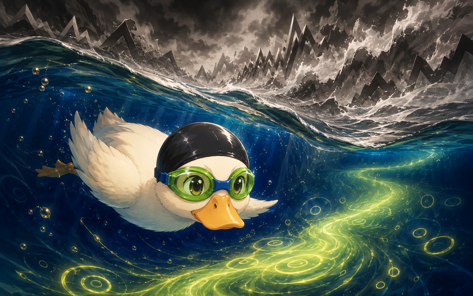 NAS ANIME duck discovering a glowing current beneath chaotic market waves